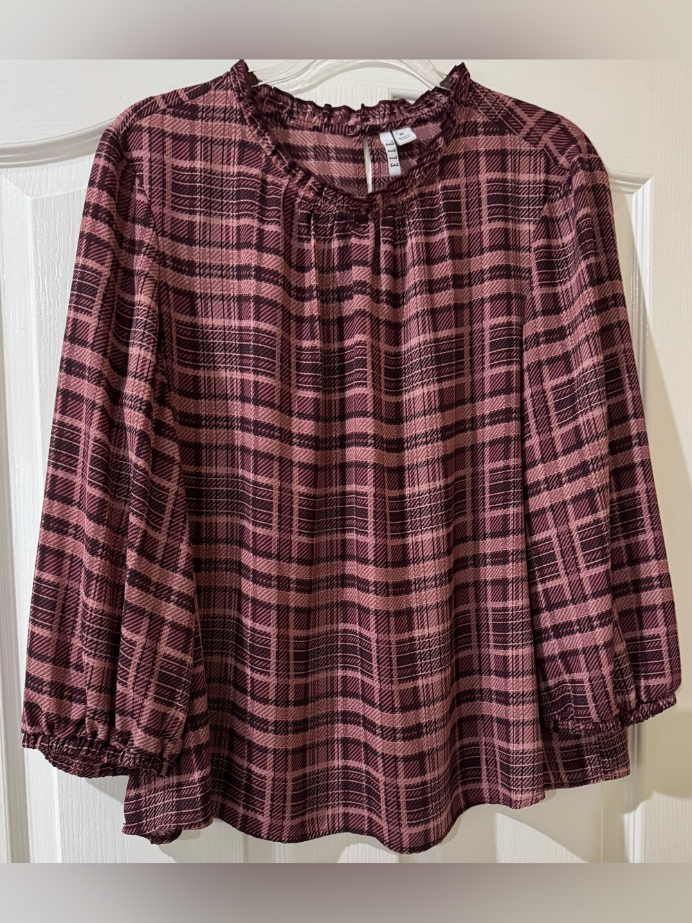 Elle Pink and Burgundy Plaid Ruffled Neck Blouse XL